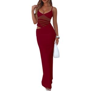BORIFLORS Women's Sexy Bodycon V Neck Spaghetti Strap Maxi Dress Elegant Backless Cocktail Evening Party Long Formal Dresses (Red, M)