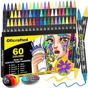 60 Colors Dual Tip Acrylic Paint Pens, Premium Acrylic Paint Markers with Brush and Fine Tip, Pens and Markers for Rock Painting, Wood, Canvas, Glass & Ceramic Surfaces
