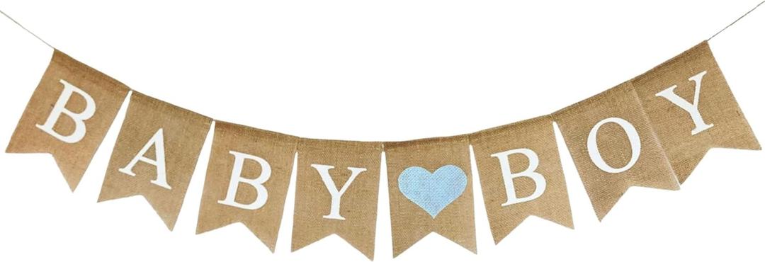 Baby Boy Burlap Banner  5" x 7" Pre-Assembled Jute Flags for Baby Shower & Gender Reveal with a Light Blue Heart