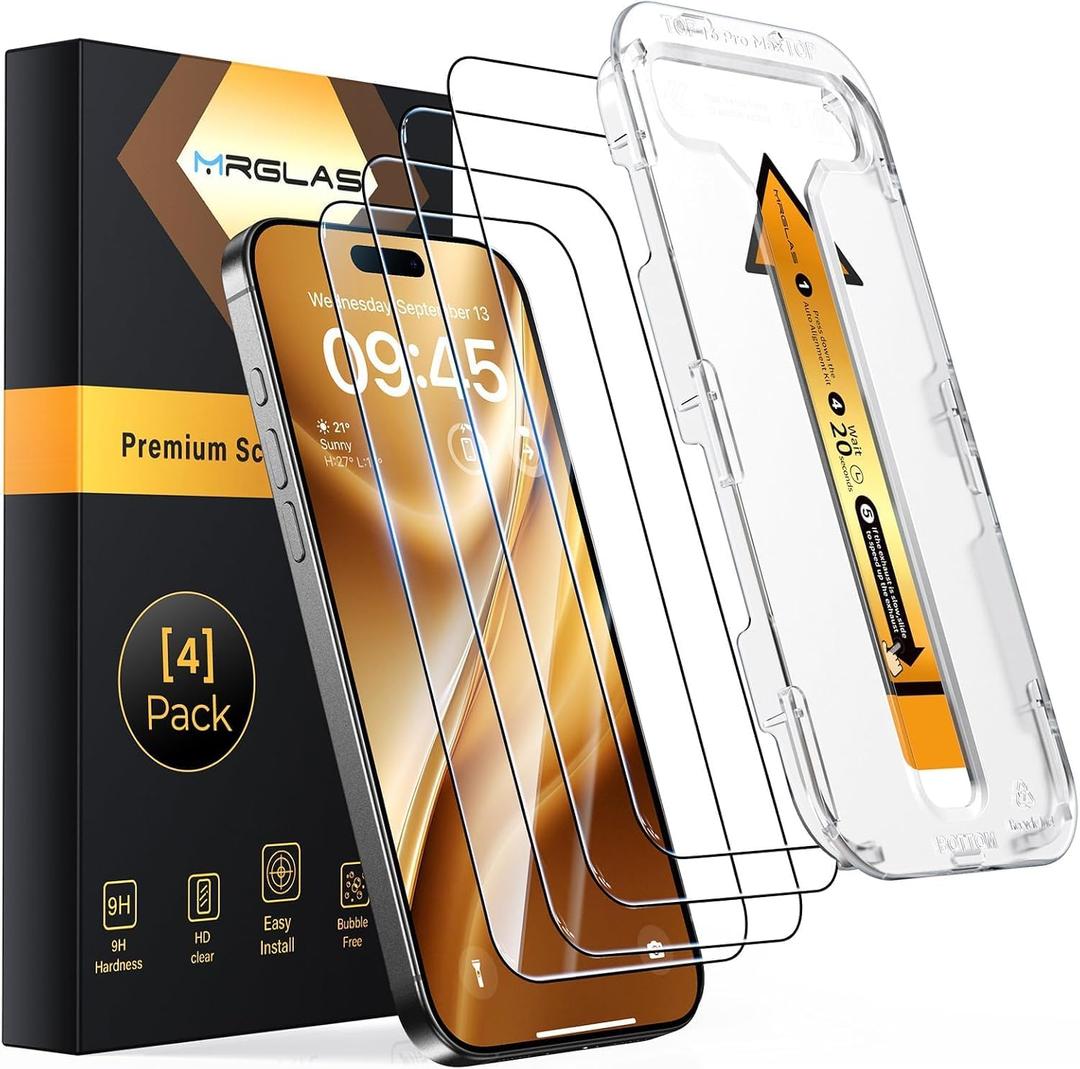 MRGLAS 4-Pack TOP 9H+ Glass for iPhone 16 Pro Max Screen Protector [Auto Alignment Kit] [10X Military Protection] UNBREAK Tempered Glass for 16 ProMax 6.9 inch Longest Durable Case-Friendly