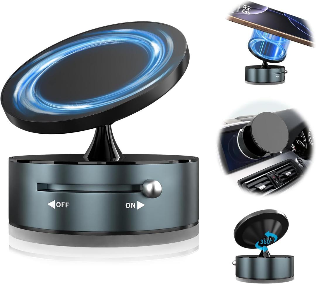 2 x 360 Rotatable Vacuum Magnetic Phone Holder for Car, One-Hand Operation Suction Phone Mount, Strong Magnetic Car Phone Stand for iPhone, All Smartphones (Gym/Airplane/Gym/Desktop/Any Surface) (Gray)