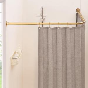 L Shaped Corner Shower Curtain Rod, [23.6"-52"] x [23.6"-52"] Heavy Duty 90 Degree Adjustable Shower Pole for Bathroom, Bathtub & Outdoor with 12 Hooks & Ceiling Support - Gold