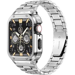 MioHHR Stainless Steel Watch Band with Case Compatible with Apple Watch Series 10 46mm,Rugged Strap with Metal Protective Bumper Cover for iWatch Band Men(Silver)