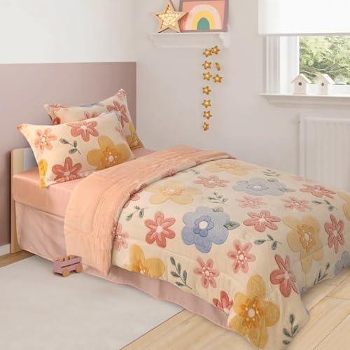 Full Fluffy Comforter Set, Cute Botanical Flowers Print Fleece Bedding Set for Girls Women, Super Soft Fuzzy Bed Set with Pillowcase for Nursery & Kids Teen's Bedroom