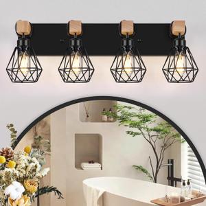 FadimiKoo 4-Light Farmhouse Bathroom Light Fixtures Over Mirror, Rustic Wood Vanity Light with Black Metal Cage Lampshade, Rustic Sconces Wall Lighting for Living Room, Bedroom, Hallway