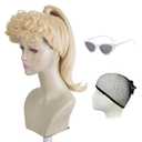 Blonde Wig for Women, Long Blonde Ponytail Wig with Curly Bangs, Blonde Pigtails Wig with White Sunglasses for Party Costume Halloween Cosplay(Adult)