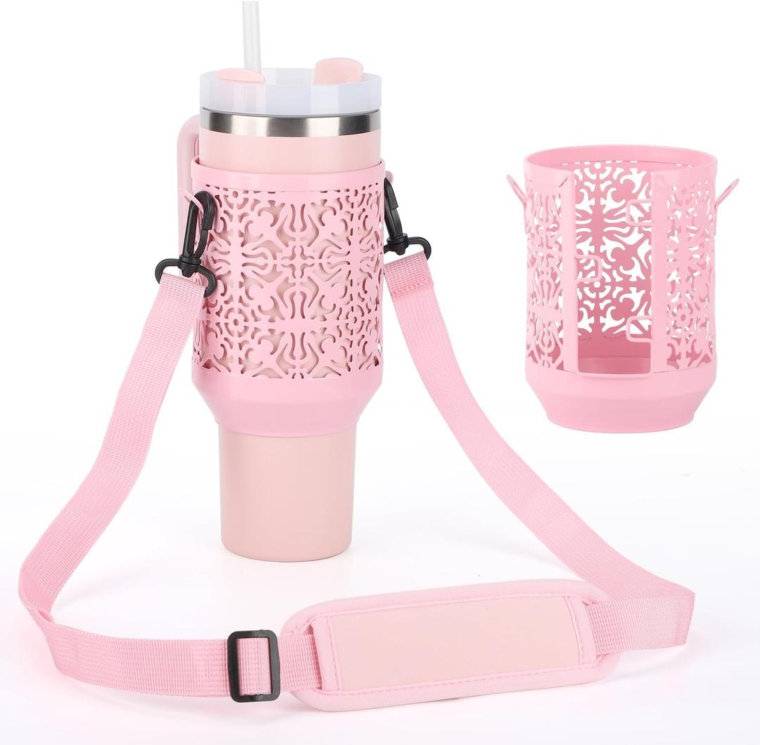 Metal Cup Holder with Strap for Stanley Cup 40 oz, Water Bottle Carrier Bag for Stanley Cup AccessoriesSports Water Bottle Accessories(Pink)