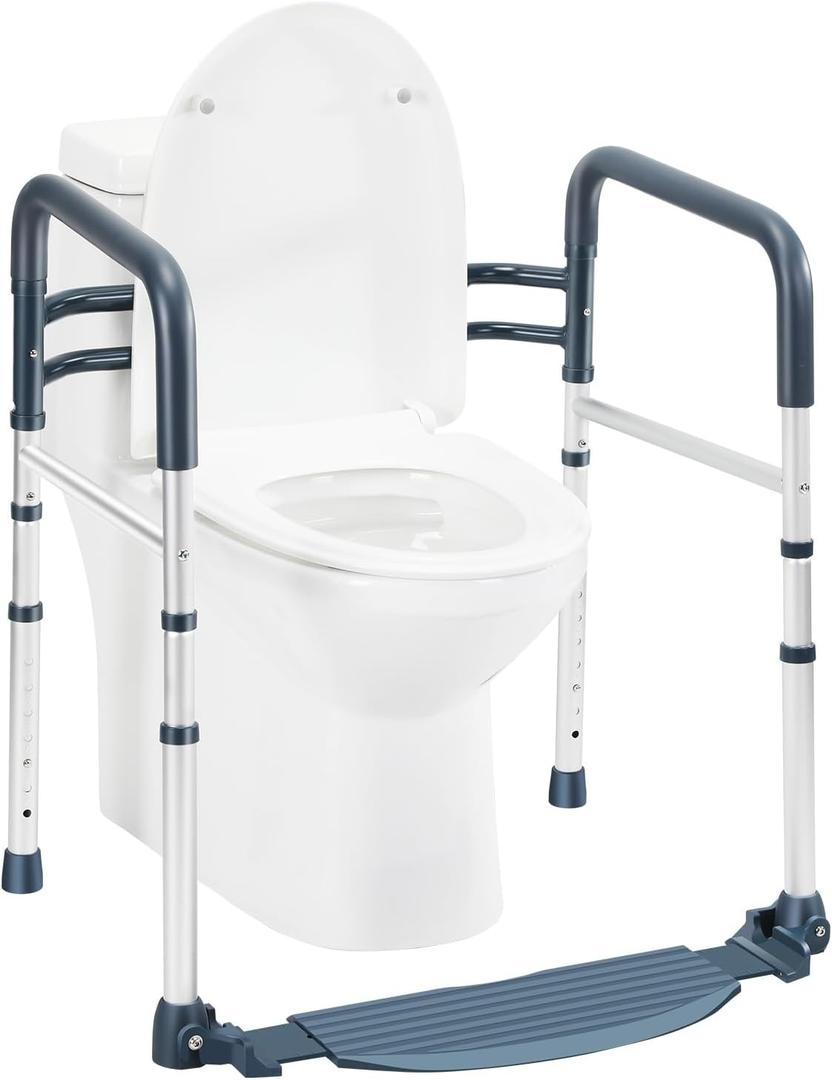 Lianjindun Toilet Safety Rails with Footrest, Folding & Portable Bathroom Toilet Handles for Elderly, Seniors, Handicap & Disabled, Adjustable Toilet Safety Frame Fit Any Toilets (350 LB)