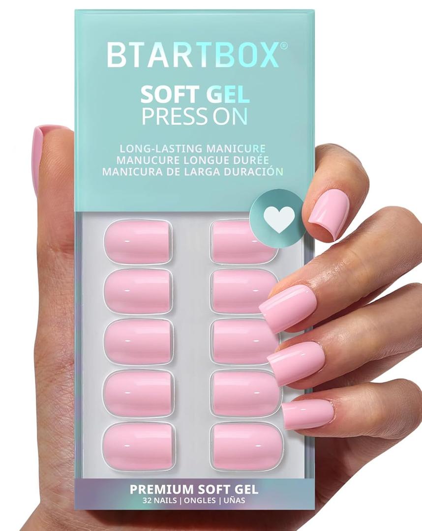 BTArtbox Extra Short Press On Nails - Mom Grace, Easy-to-Apply Pastel Pink Square Press On Nails with Glue and Adhesive Tabs in 16 Sizes - 32 Nails All-in-One Kit