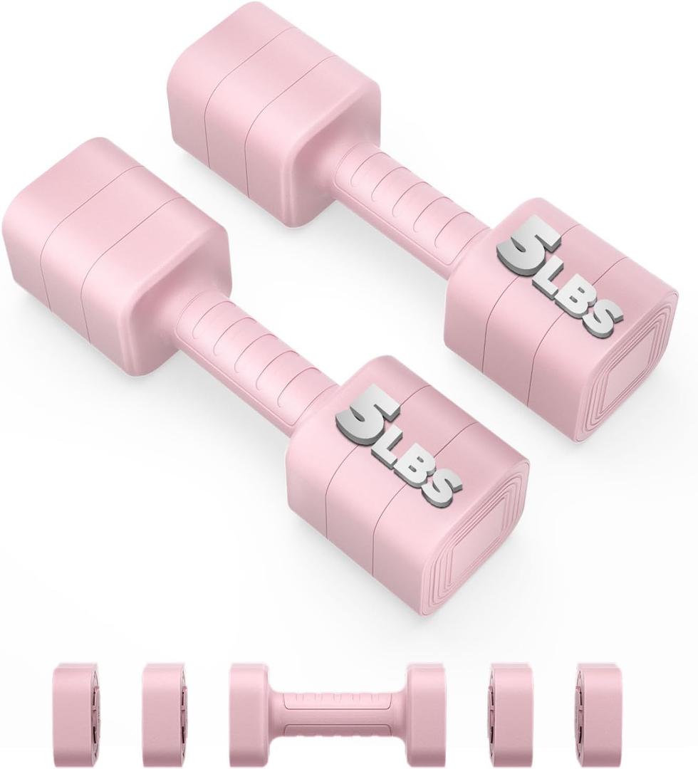 Ragebby Adjustable Dumbbell Set of 2, 10LBS/20LBS/30LBS Adjustable Weight Set, Anti-slip Handle, 3 in 1 Free Weights Dumbbells Set for women at home, 2.2lb, 3.6lb, 5lb, for Home, Office, Gym Exercise Training (PINK)