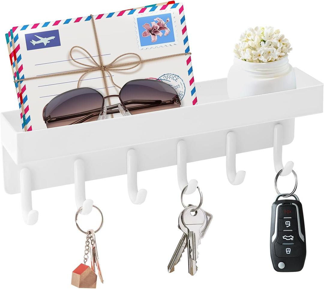 VIS'V Magnetic Key Holder Wall Mount, Compact Metal Key Rack with Tray, 6 Hooks, 2 Mount Options, White