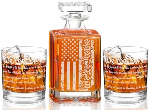 Whiskey Decanter Engraved We The People American Flag Decanter Set with 2 Glasses for Liquor Scotch Bourbon or Wine, Father's Day Patriotic Gift
