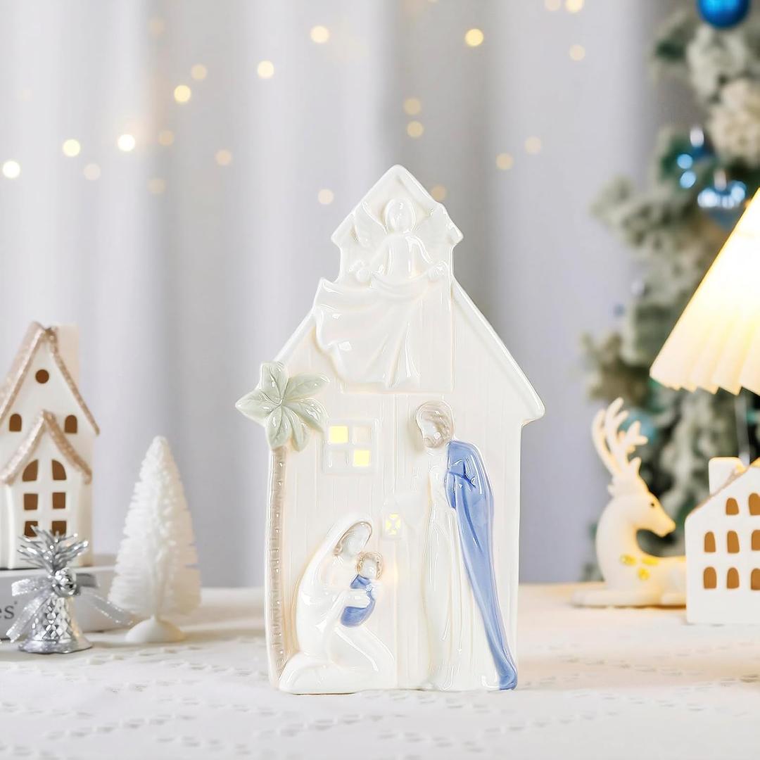 10 Inch Ceramic Nativity Set with Light, Nativity Scene for Christmas Indoor White Figurine Holiday Home Tabletop Decorations