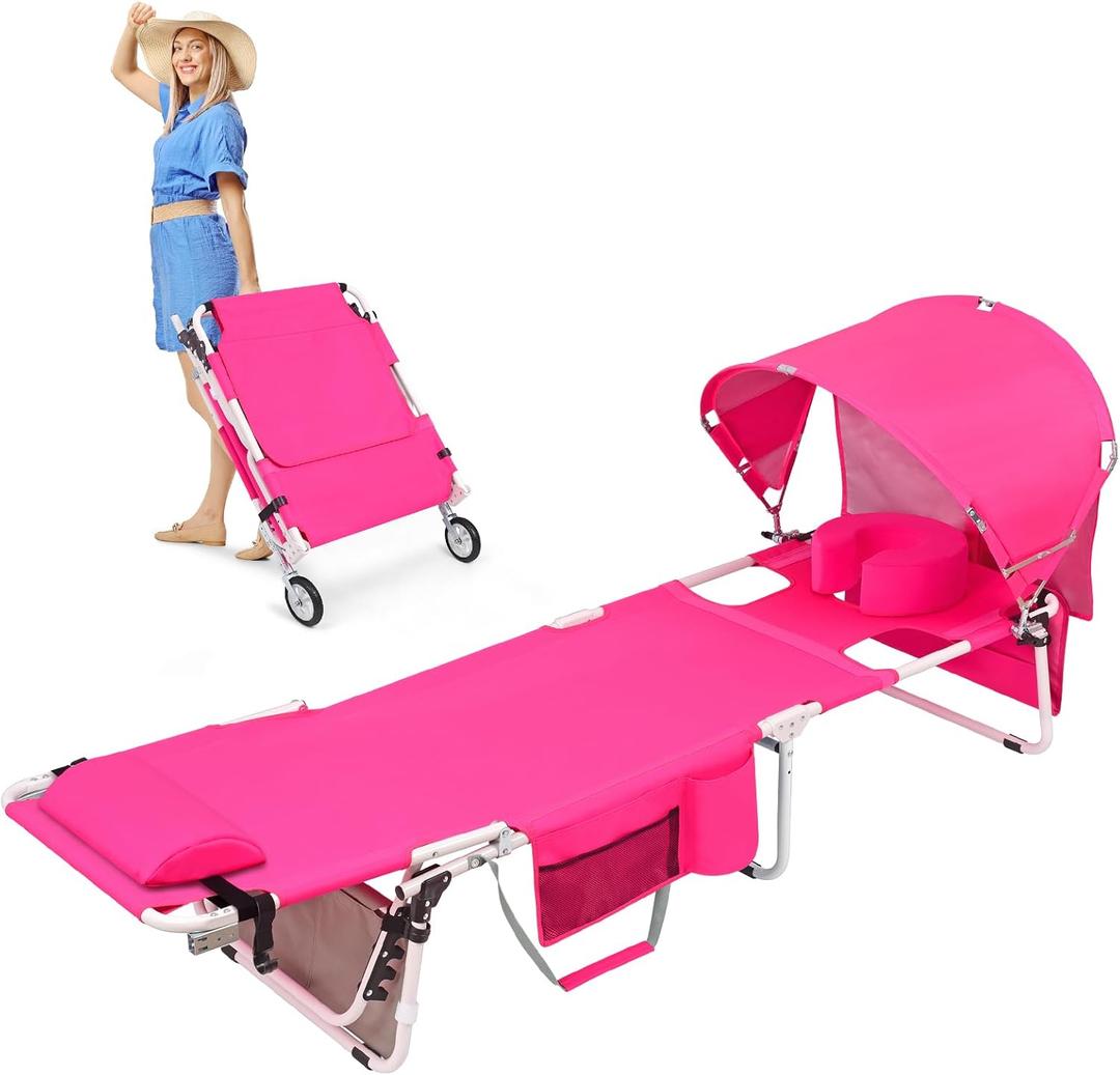 Wheel-To-Go Tanning Chair with Wheels Sun Canopy Umbrella Face Hole Thicker Washable Adjustable, Heavy Duty Folding Sun Lounge Chair Beach Outside Sunbathing Reading, UPF 50+, Pink (Patent Design), Standard to Large