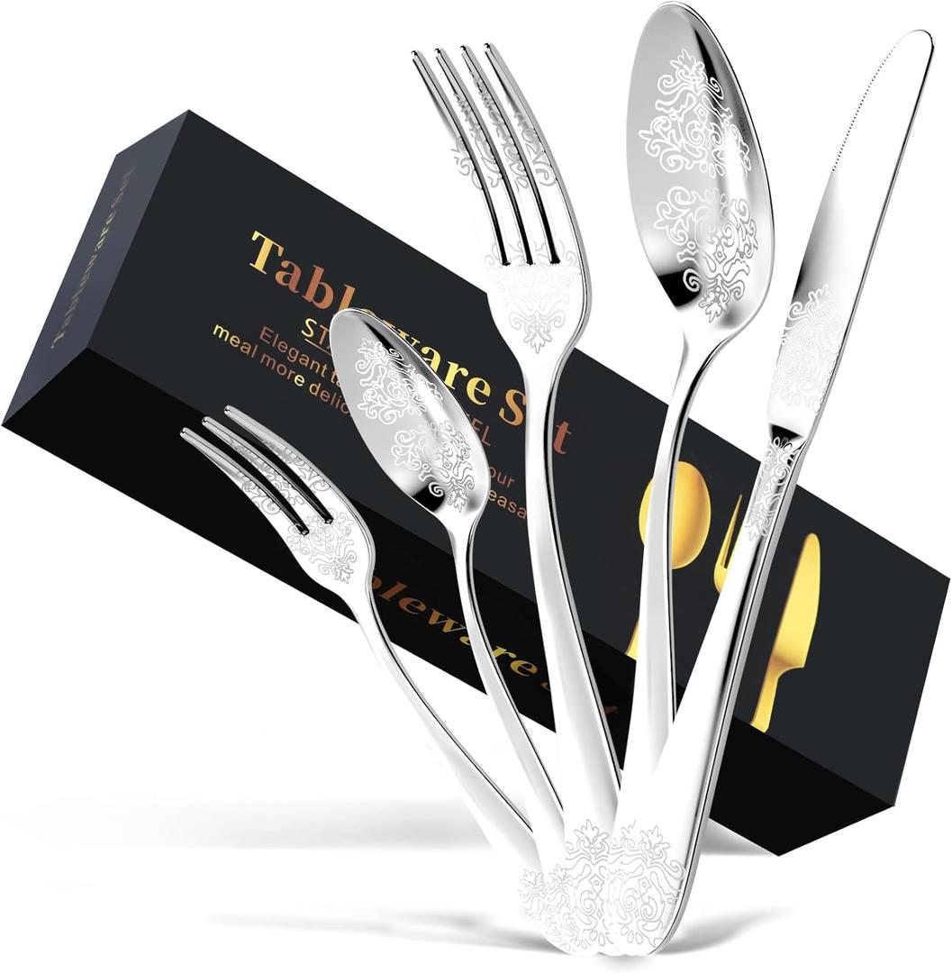 30-Piece Stainless Steel Silverware Set, Elegant Floral Engraved Cutlery Flatware Set for 6, Durable Tableware Utensil Sets Silver Include Fork Spoon Knife with Mirror Polish
