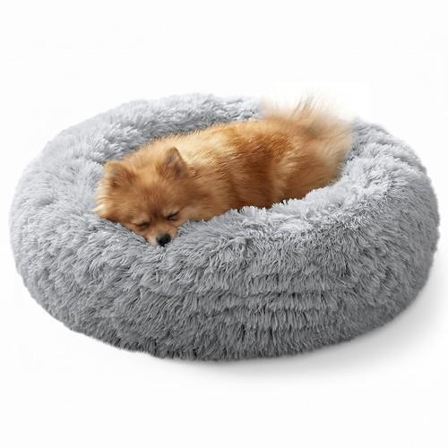 JOLLYVOGUE Small Dog & Cat Beds for Indoor Cats  20 inches Calming Donut Dog Bed for Kittens & Puppies, Washable Round Fluffy Plush Faux Fur Pet Beds (Smoke Grey)