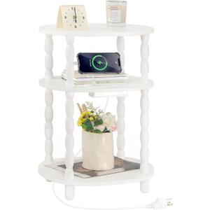 MaxSmeo White Side Table with Charging Station, 3-Tier Small Oval End Table with USB Ports and Outlets, Modern Night Stand Wood Accent Table for Living Room, Bedroom, White