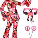 Haysandy 70s Outfit Women Disco Hippie Costume Accessories Pink Peace Disco Bottom Pants for Carnival Halloween Cosplay (3X-Large)