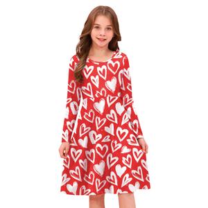 Little Girls Valentine's Day Crew Neck White Heart Red Dress Long Sleeve Adorable Outfit 6 Years