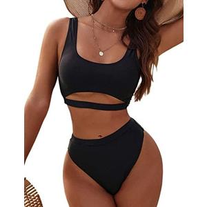 Blooming Jelly Women's High Waisted Bikini Sets High Cut Bathing Suits Two Piece Sporty Cut Out Swimsuits M