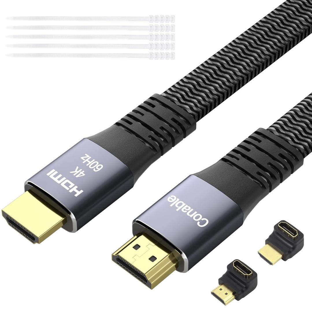 Flat HDMI Cable 25 Feet, 4K HDMI High Speed Braided Cord, Pure Copper, Supports 4K@60Hz 2160p 1080p HDR HDCP 2.2 ARC Full 3D (with 25 Ties and 2 HDMI Adapters)- 25FT