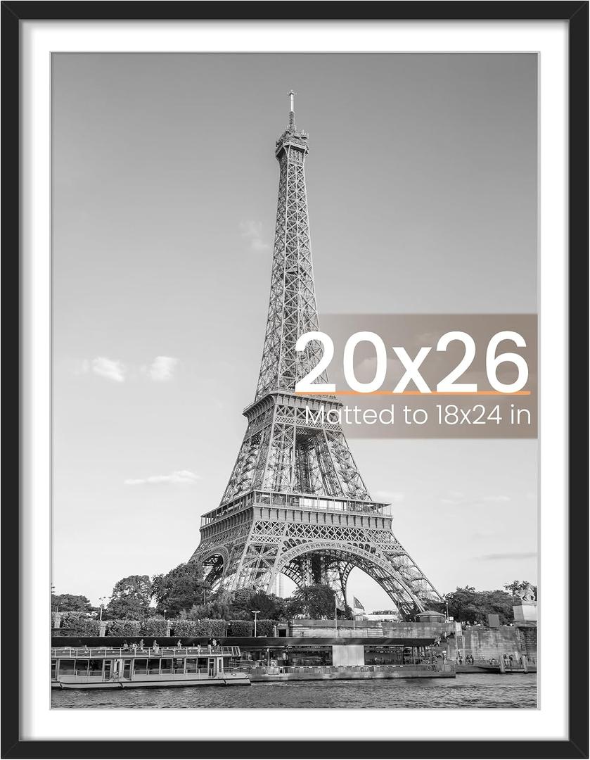 upsimples 20x26 Picture Frame, Display Pictures 18x24 with Mat or 20 x 26 Without, Wall Hanging Poster Frames, Black, 1 Pack