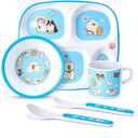 5-Piece Kids Melamine Dinnerware Set – Plate, Bowl, Cup, Fork & Spoon – BPA-Free, Durable & Lightweight Cartoon Set for Toddlers (Puppy Band)