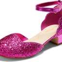 PATPAT Girls Dress Shoes Glitter Princess Shoes Mary Jane Low Heels Party Wedding Prom Girls Footwear Cloudtech Triple Cushioning Ultra Cozy Soft for Little Kid Daily Wedding Party Prom (Hot Pink, 8)