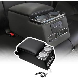 ZQULOYO Center Console Organizer with LED Light, USB Ports, Cup Holder, Phone Holder for Car & Van & Truck Back Bench Seat Armrest Business Middle Storage Box (Black, Without Wireless Charger)