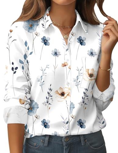 Zeagoo Blouses for Women Business Casual Button Down White Long Sleeve Floral Shirts Outfit Flower Business Casual Tops