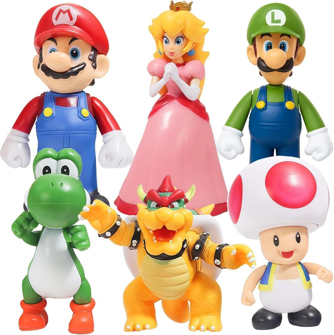 Mario Action Figures Set, 6 Inch Cartoon Character Figures Toys, Classic Plumber Bros Collectible Figurines Set for Display, Cake Toppers, Gift Ideas