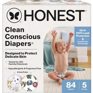 The Honest Company Comfort Dry Disposable Daytime Diapers for Sensitive Skin, Hypoallergenic, All The Letters + It's a Pawty, Super Club Box, Size 5 (27 lbs), 84 Count