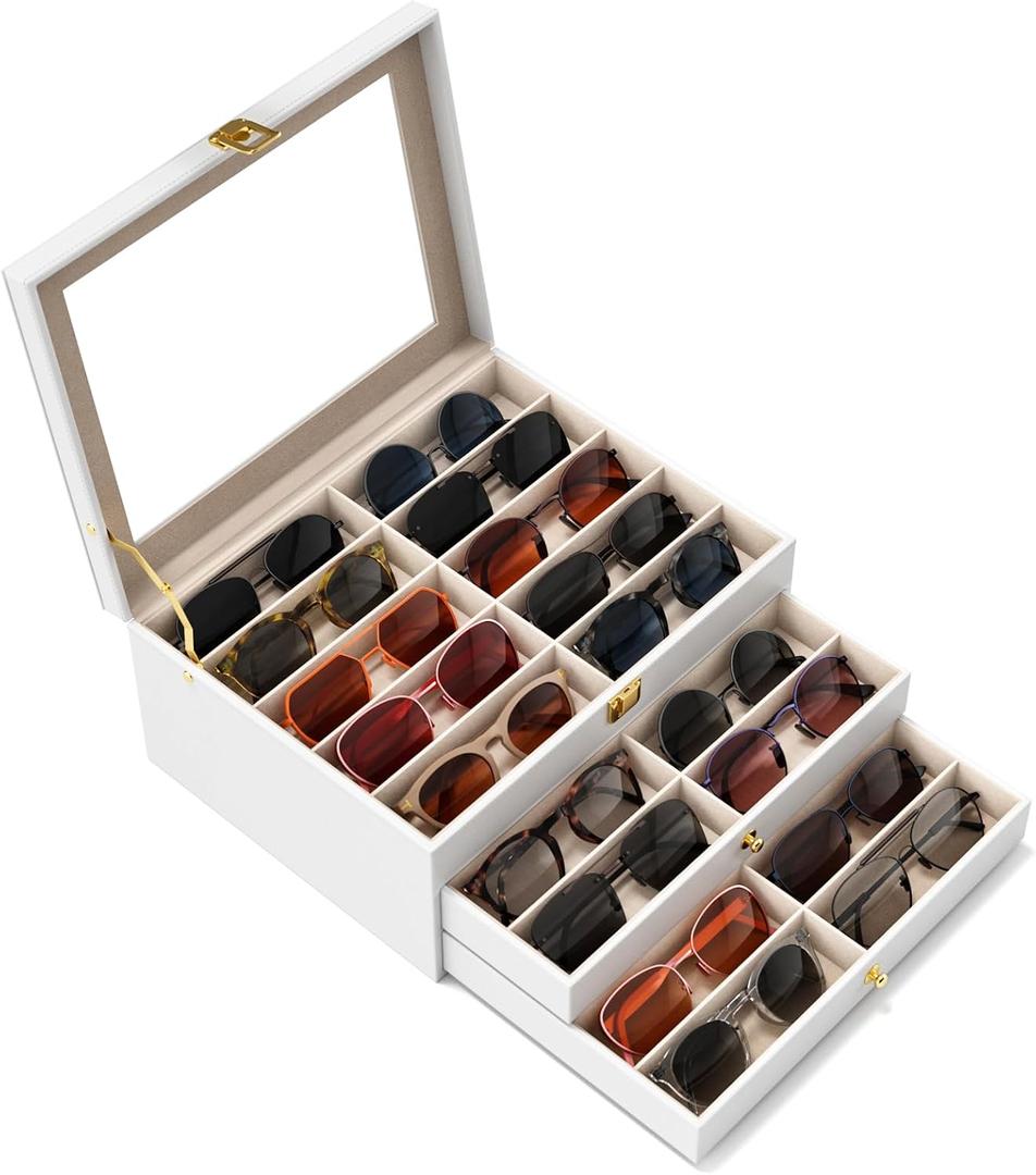Sunglasses Organizer Storage Box - 30 Slots Eyeglass Display Case for Multiple Pair Glasses, 3-Layer Holder with Clear Glass Lid, Jewelry and Watch Collection Box for Women and Men, White