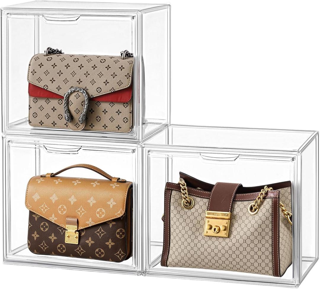 HBlife 3 Pack Purse Storage Organizer for Closet, Large Clear Stackable Handbag Display Case Box with Magnetic Door for Collectibles, Cosmetics, Women Heels and Toys