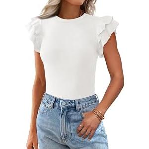 KIRUNDO Summer Sweaters for Women Lightweight 2025 Fall Ruffle Short Sleeve Business Casual Tops Slim Soft Knit T Shirts(Beige White, Medium)