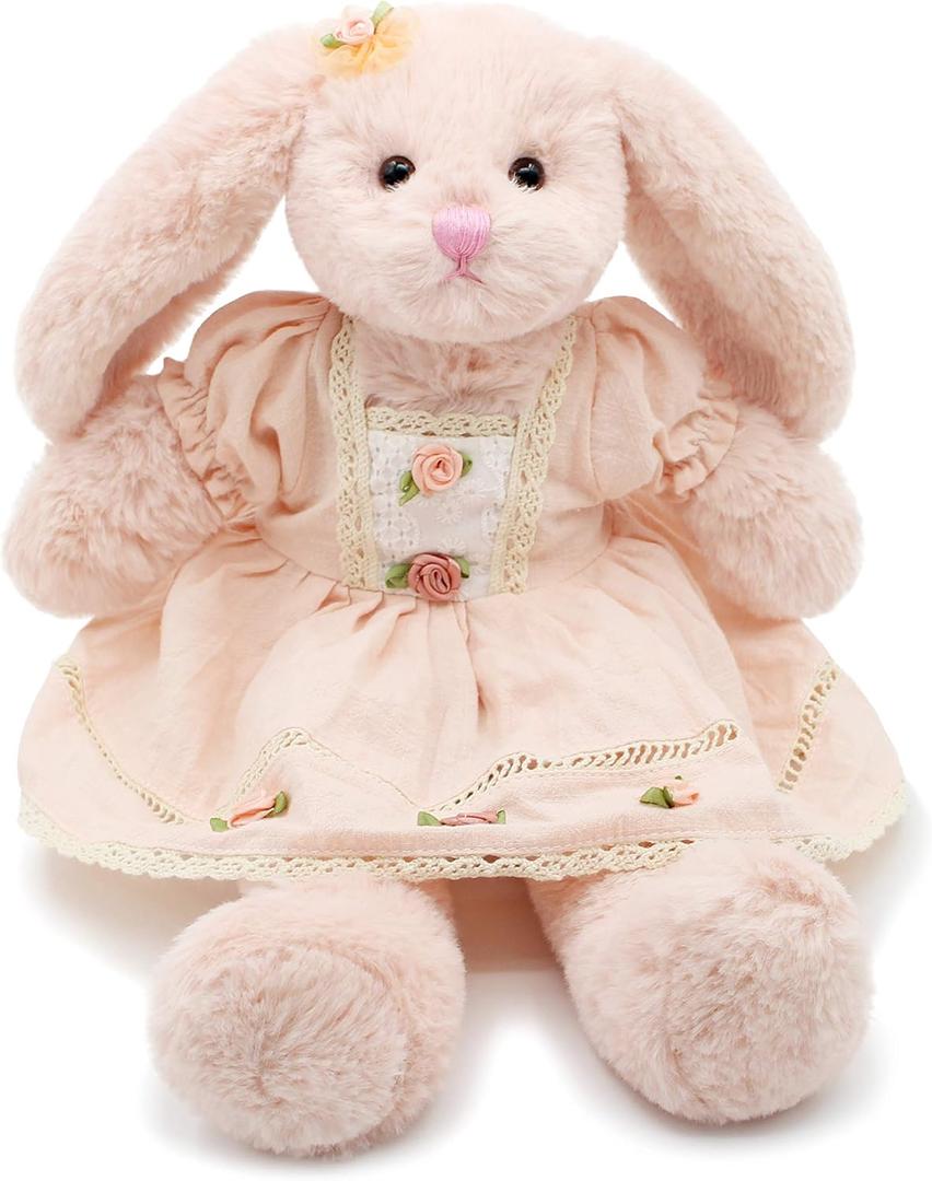 oits cute Small Soft Stuffed Animal Bunny Rabbit Plush Toy for Baby Girls 15inch (Pink Rabbit Wearing Pink Vintage Dress)