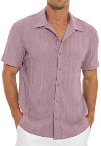 NITAGUT Men's Short Sleeve Shirts Casual Button Down Shirts Vacation Beach Summer Hollow Out Tops, Purple, Medium