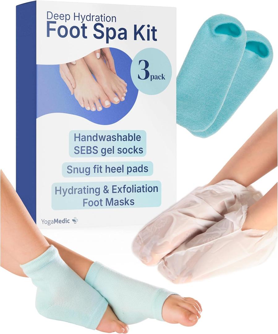 YogaMedic Hydrating Foot Spa Kit - 3 Foot Masks, Reusable SEBS Gel Moisturizing Socks & Heel Pads for Dry Cracked Feet - Intensive Home Pedicure Set & Foot Care Self Care Gifts for Women and Men