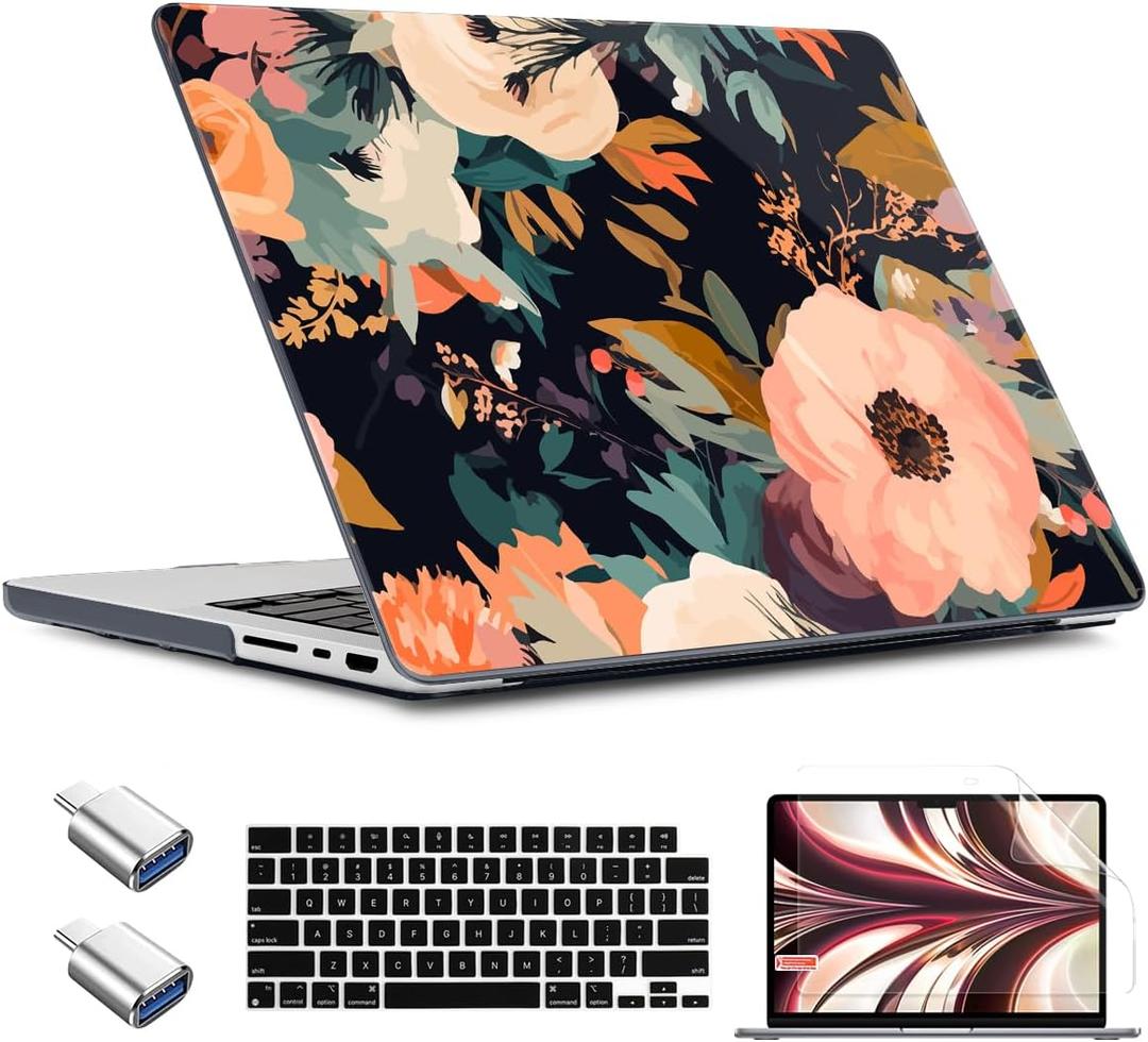 TWOLSKOO for M3 MacBook Pro 16 inch Case 2024 2023 2022 2021 A2991 / M2 A2780 / M1 A2485 Pro Max Chip, Plastic Hard Shell & Keyboard Cover & Type C Adapter, & Screen Protector, Bright Abstract Flowers