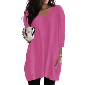 Poetsky Womens Tunic Tops for Leggings with Pockets Vneck 3/4 Length Sleeve Shirt Casual Long T-Shirts S-3XL (Pink, S)
