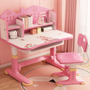 Kids Functional Desk and Chair Set, Ergonomic Height Adjustable Children School Study Desk with Storage, Book Stand, Metal Hook and Drawer for Boys Girls (Pink-)