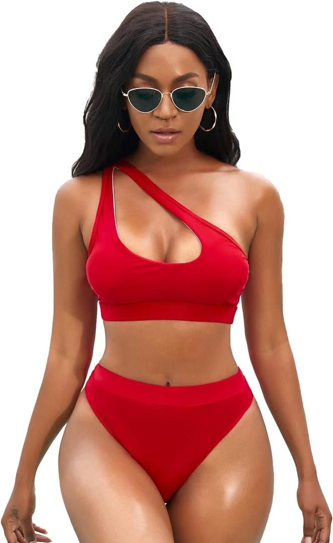 NAFLEAP One Shoulder Cutout Bikini Set for Women High Waisted Bottom Swimsuit Two Piece Bathing Suit (Large, 1-red)