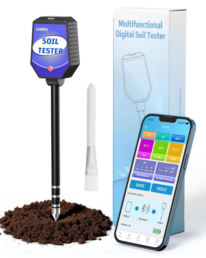 8-in-1 Soil Moisture Tester with APP Monitoring, Soil Moisture pH Meter, Light, Salinity, Fertility, EC, Temperature, Humidity Soil Test Kit for Garden, Farming, Lawns, Indoor & Outdoor Plants.
