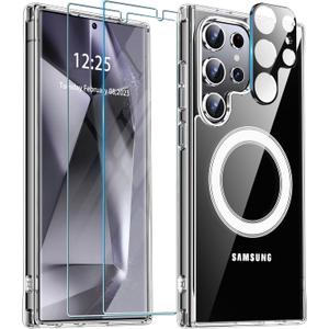 ANTSHARE for Samsung Galaxy S24 Ultra Case Clear, [Anti-Yellowing] S24 Ultra Case [with 2X Tempered Glass Screen Protector+1X Camera Lens Protector], Magnetic Phone Case for S24 Ultra (Clear)