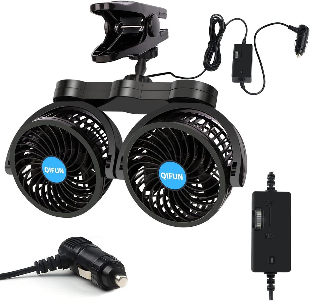 QIFUN Car Fan Adjustable Dual Head 12V 360 Rotatable 4 Inches Car Clip Fan for Front/Rear Seat Passenger Car Essentials Cooler with Stepless Speed Regulation for Vehicle SUV, RV