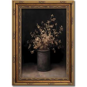 Vintage Gold Framed Wall Art Fall Dried Flowers Antique Vase Country Oil Painting Canvas Prints Dark Moody Rustic Still Life Picture Gothic Victorian Botanical Poster Artwork for Bedroom, 12x16in (16L''x12W'')