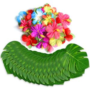 60Pcs Tropical Party Decorations Supplies Tropical Palm Leaves Hibiscus Flower Simulation Artificial Leaf for Hawaiian Luau Safari Party Jungle Beach Theme BBQ Birthday Parties Decorations Table Decor (Middle)