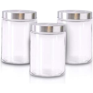 Glass Jars for Kitchen  Set of 3 Medium Food Storage Containers  42Oz Storage Jars with Metallic Lids  Suitable for Snacks, Coffee, Pet Treats  Screw-On Lid