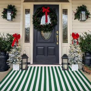 St. Patrick's Day Striped Outdoor Rug Green and White Porch Rug 4' x 6' Spring Doormat Layered Welcome Mat for Farmhouse Spring Front Porch Entryway Decor