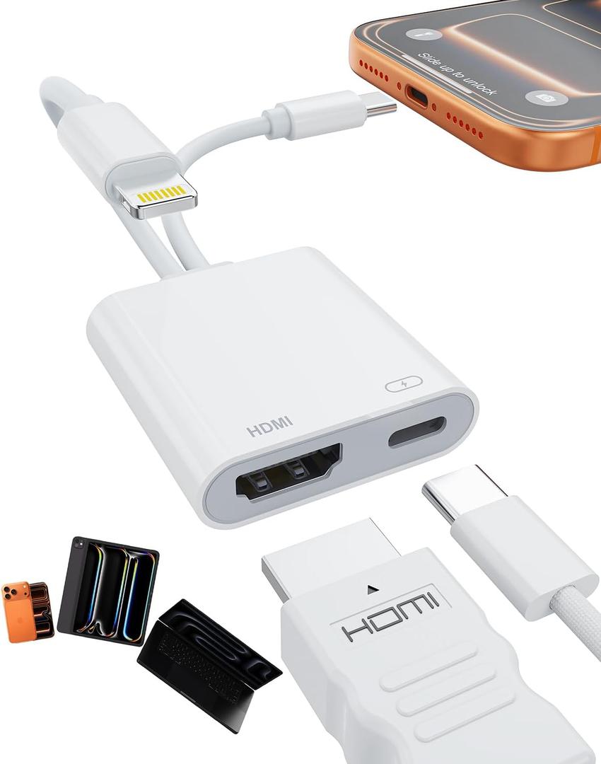 USB-C and Lightning to HDMI Adapter for iPhone ipad to TV [MFi Certified], 4K@60 Hz Sync Screen Apple Lightning to Digital AV Adapter for MacBook, iPhone17/16/15, iPad to TV/Projector/Monitor (White)